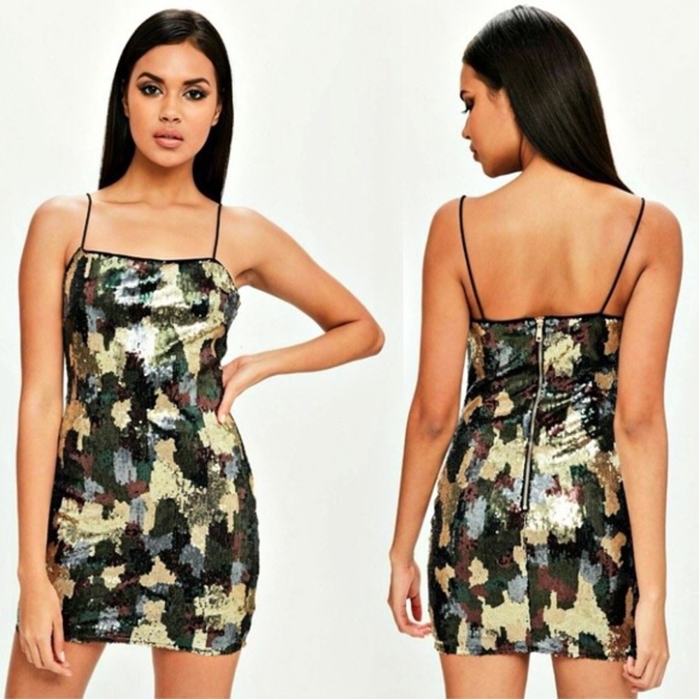 Carli Bybel Missguided Collab 2 Sequin Camo Cami Dress NWT